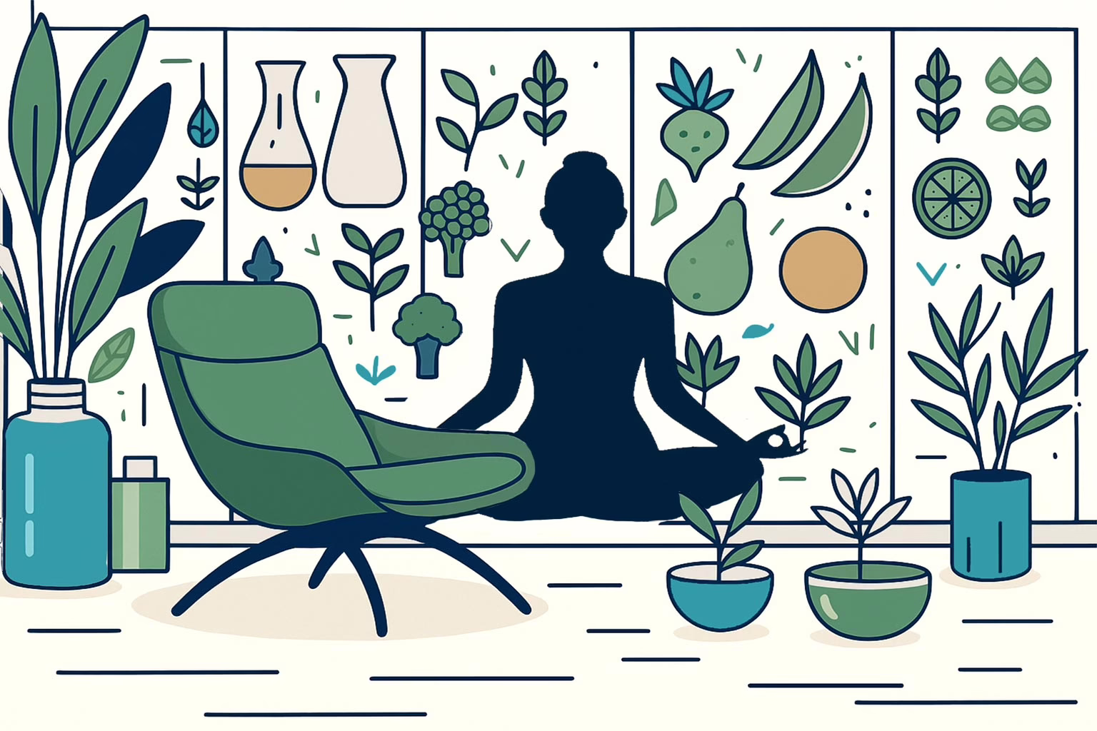 Illustration showing therapy chair, silhouette of female in lotus position, fruit, vegetables in windows of room to show concept of post: Exploring Alternative Eating Disorder Treatment Options
