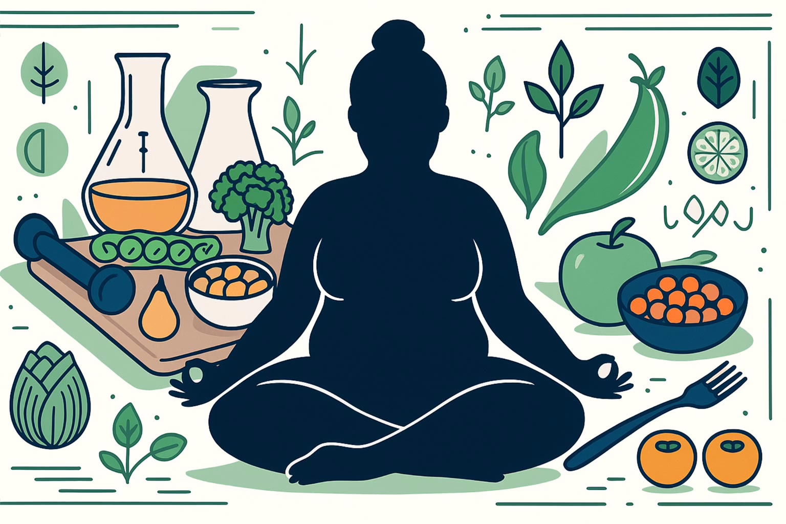 Illustration female in lotus position with fruit, vegetables and osther items to show concept of post: Exploring Alternative Eating Disorder Treatment Options