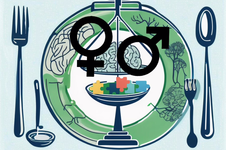 Illustration for post: Factors Beyond Gender Impacting Help-Seeking in Eating Disorder Treatment showing symbols for male and female superimpose on the background plate that has a balance scale with a brain.
