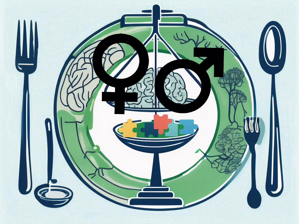 Illustration for post: Factors Beyond Gender Impacting Help-Seeking in Eating Disorder Treatment showing symbols for male and female superimpose on the background plate that has a balance scale with a brain.