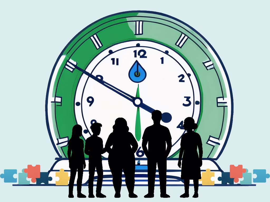 Illustration for post: Factors Beyond Gender Impacting Help-Seeking in Eating Disorder Treatment showing male and female atb different ages looking at a large clock qirg colorful puzzle pieces at their feet.
