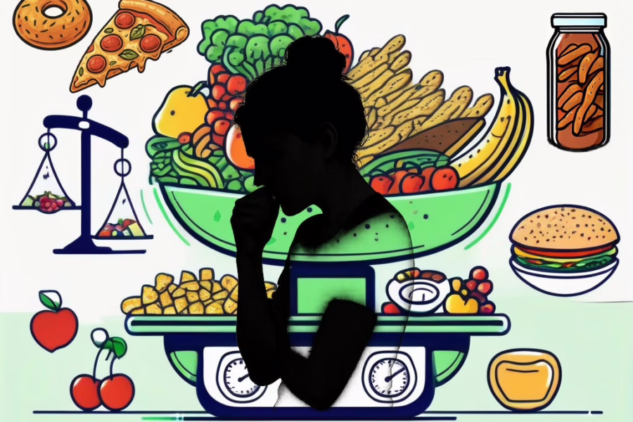 Illustration for the post:Is Food Anxiety an Eating Disorder showing the silhouette of an anxious woman overlaying food scales with piles of food