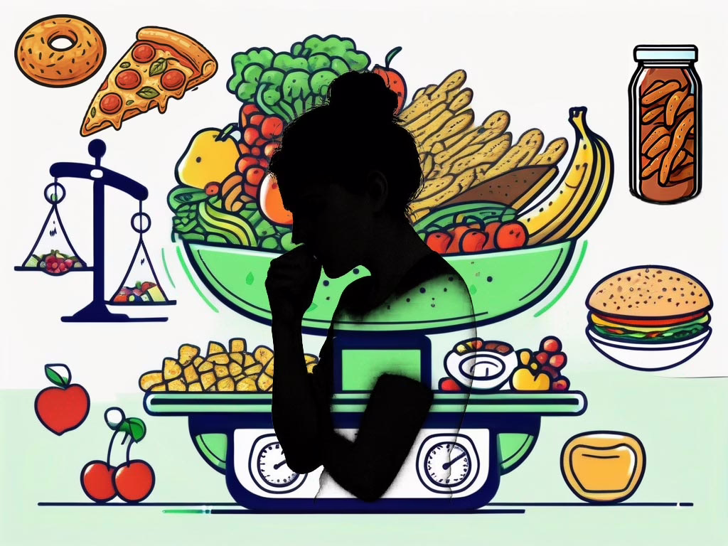 Illustration for the post:Is Food Anxiety an Eating Disorder showing the silhouette of an anxious woman overlaying food scales with piles of food