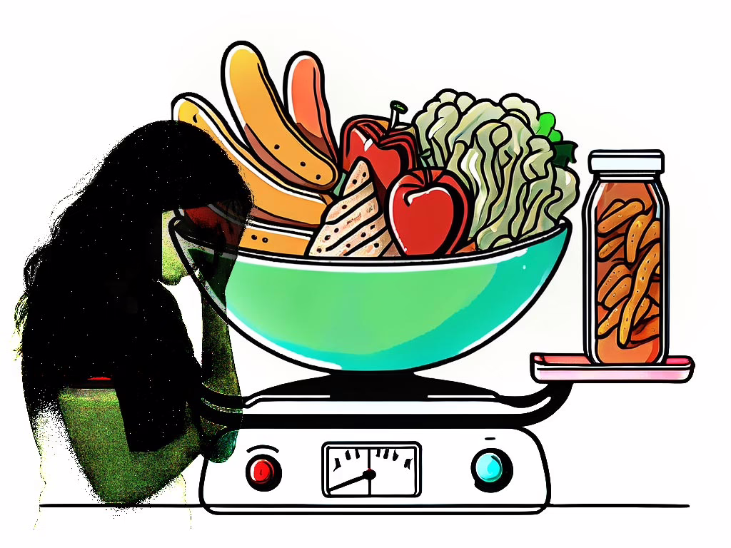 Illustration for the post:Is Food Anxiety an Eating Disorder showing the silhouette of an anxious woman overlaying a food scale with a large boel of food