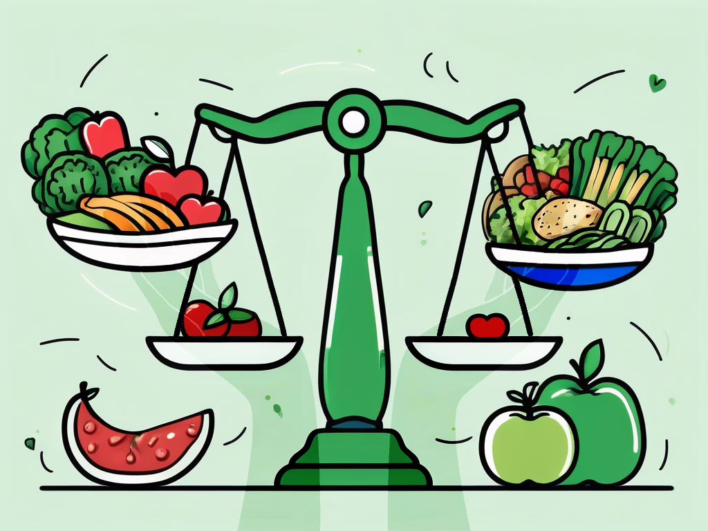Illustration for How to Support Someone with an Eating Disorder concept showing a shadow of hands stretching upward for support with a scale in the center weighing various foods