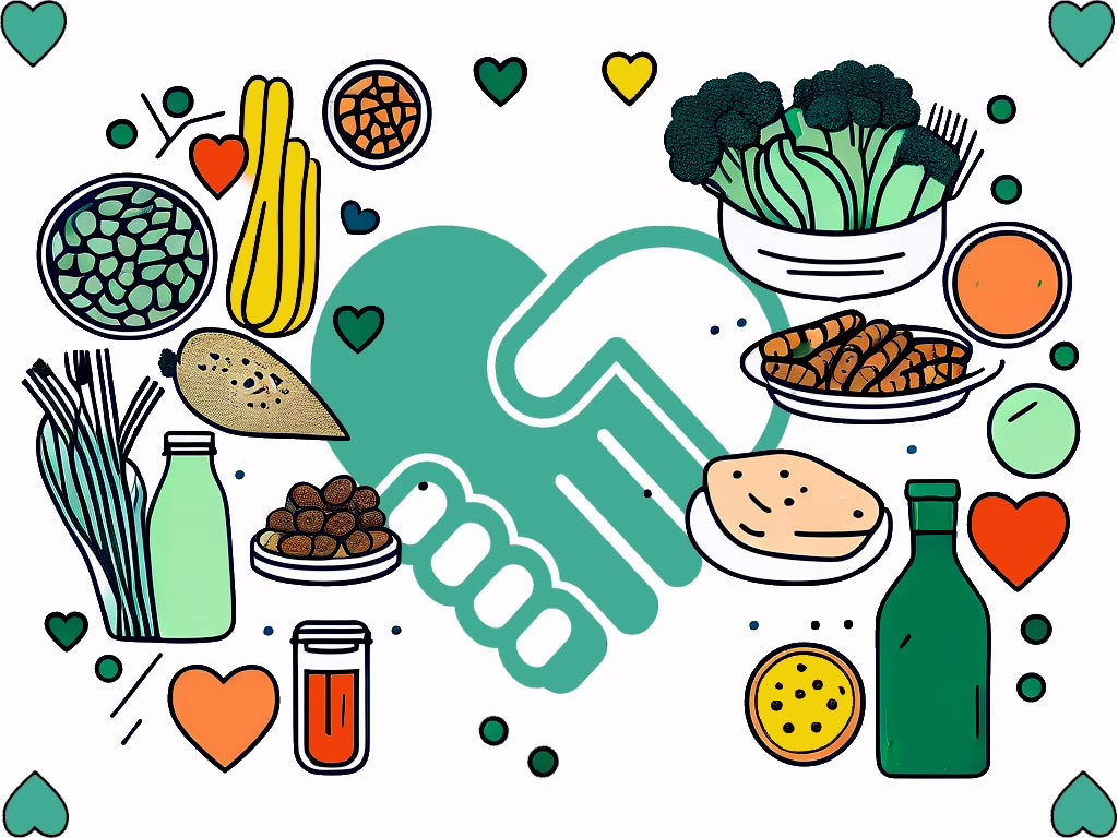 Illustration for How to Support Someone with an Eating Disorder concept showing food and beverages placed aroung two hands in the shape of a heart for support 