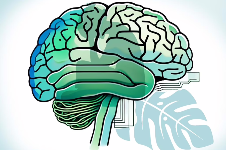 Illustration of stylized brain, female sitting with hands supporting head for concept: Impact of Disease and Psychological Models on Eating Disorder Treatment