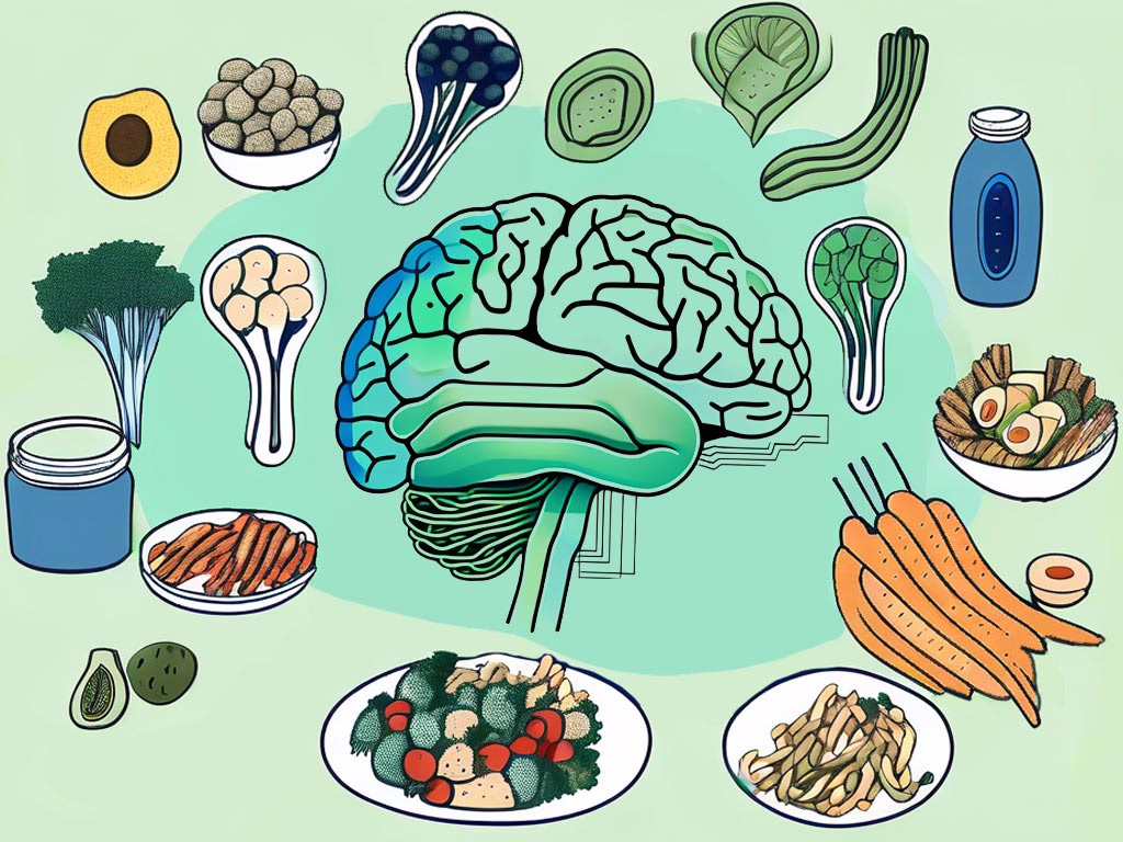 Illustration of stylized brain different food scattered around it for concept: Impact of Disease and Psychological Models on Eating Disorder Treatment
