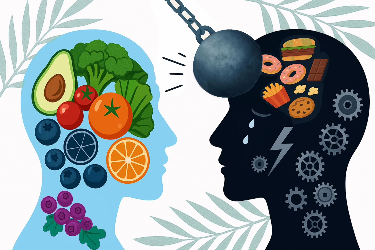 Illustration of two silhouettes of heads facing each other. Left shows healthy foods. Right show trauma and unhealthy foods for a post: Implementing Trauma Informed Eating Disorder Treatment.