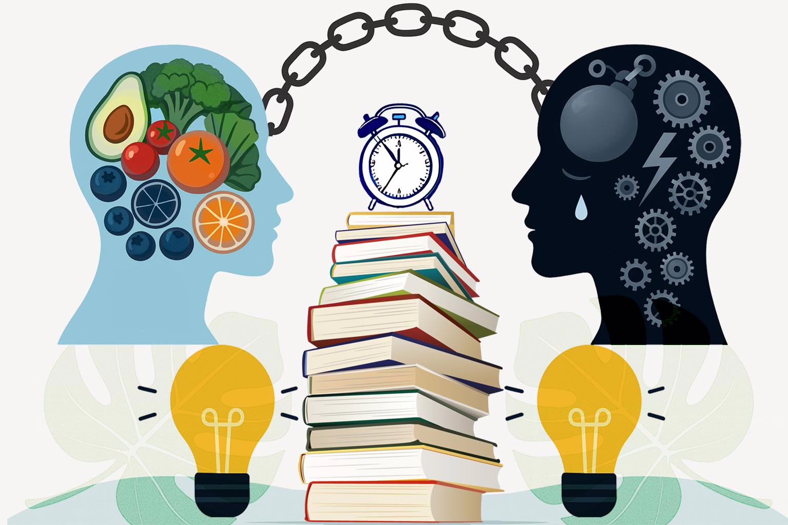 Illustration of two silhouettes of heads facing each other. Left shows healthy foods. Right show trauma and unhealthy foods. Stack of books with a clock on top and lightbulbs on either side of book for a post: Implementing Trauma Informed Eating Disorder Treatment.