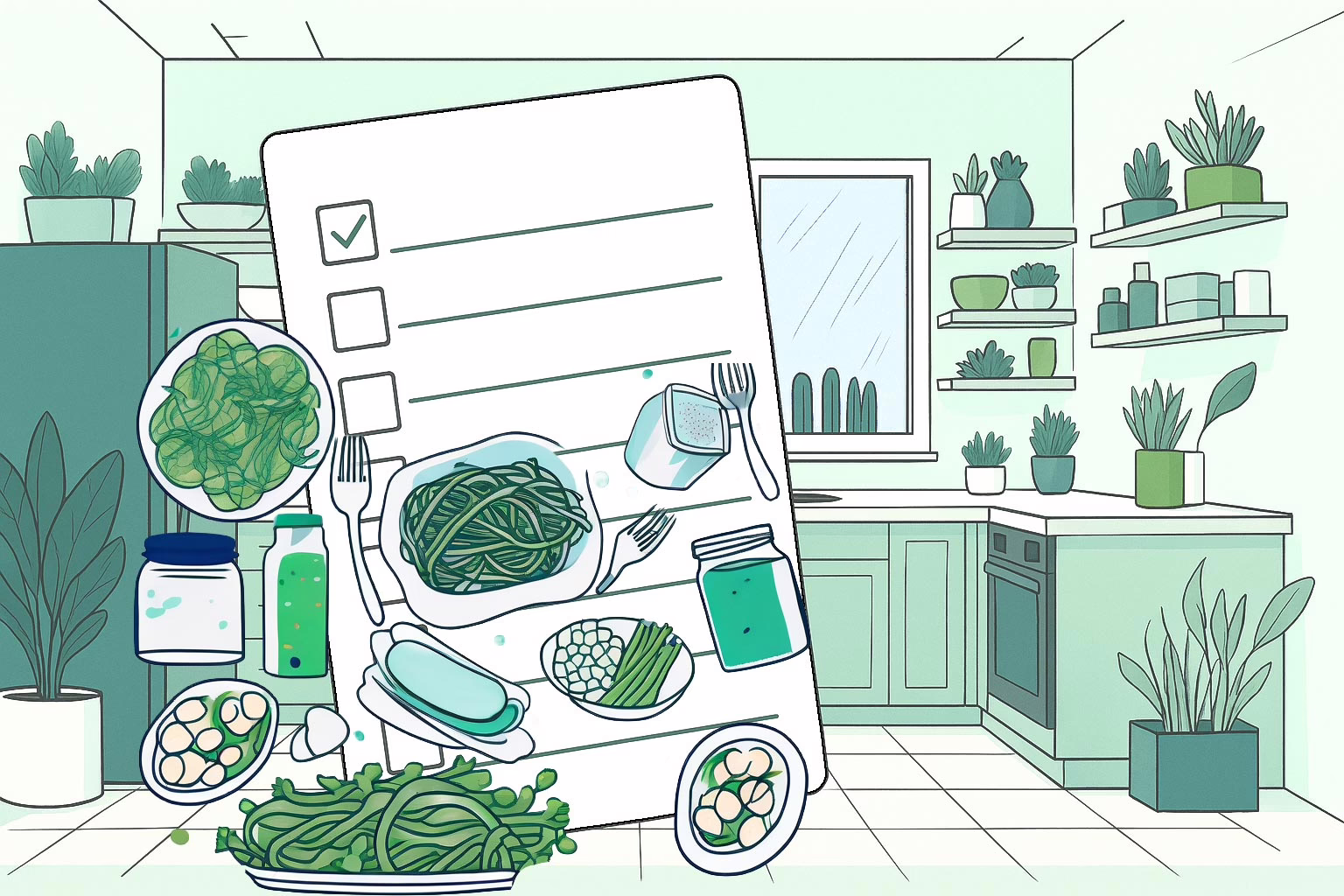 Illustration of concept: Implementing Binge Eating Disorder Treatment at Home with kitchen, paper with checkoff boxes and tossed dishes of food.