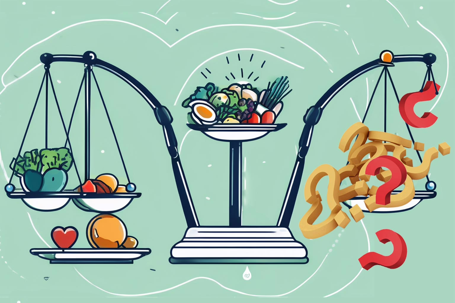 Illustration with vegetables & fruit on one side of an old fashion food scale and a tangle of question marks being weighed on the other side for post called: Key Questions to Ask When Seeking Eating Disorder Treatment