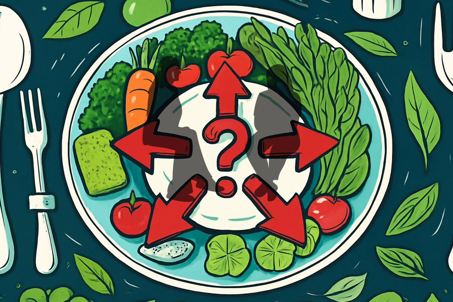 Illustration with vegetables on a plate with red arrows radiating out from question mark in center. Silhouettes of patient and adult superimposed over arrows for post called: Key Questions to Ask When Seeking Eating Disorder Treatment