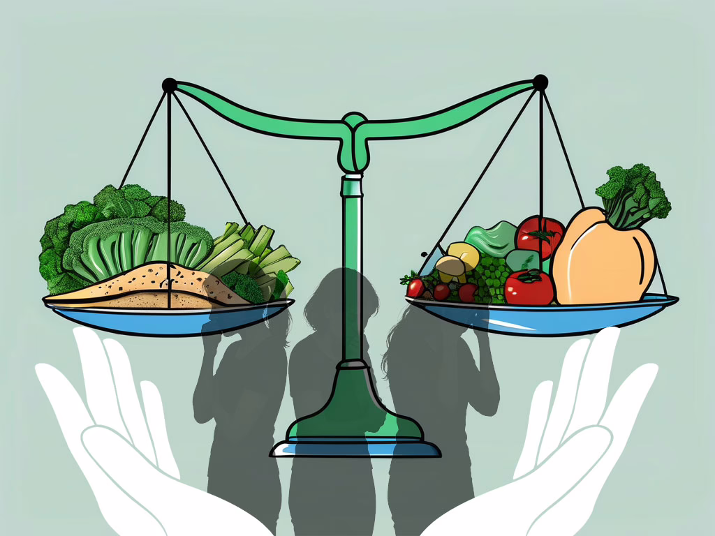 Illustration for post: Managing Anxiety Eating Disorder: A Guide to Effective Treatment Options showing in a teal silhouettes of 3 females in anxiety poses with supporting hands on either side of them and a balanced food scale with different healthy foods hanging from either side of scale.