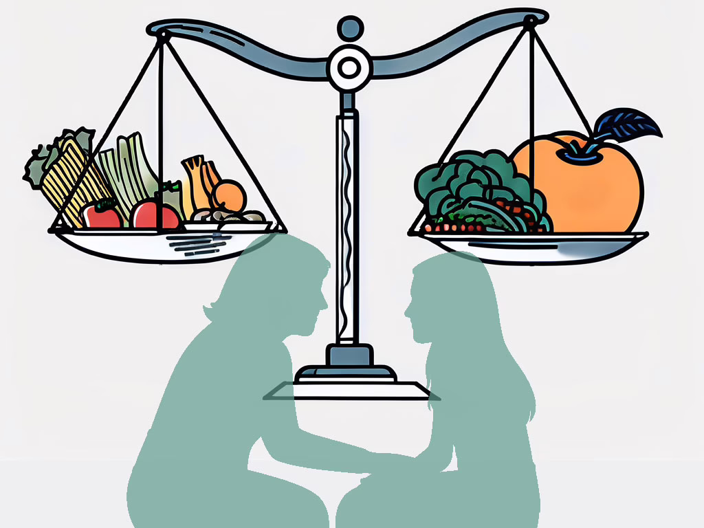 Illustration for post: Managing Anxiety Eating Disorder: A Guide to Effective Treatment Options showing in a teal silhouette a therapist speaking with an adolescent girl with a balanced food scale with different healthy foods hanging from either side of scale.