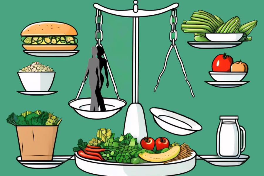 Illustration of food scale 2 different sized females on 1 scale dish and the other dish falling off the scale with different foods all around for post about: What is the Most Common Eating Disorder? An Informative Guide