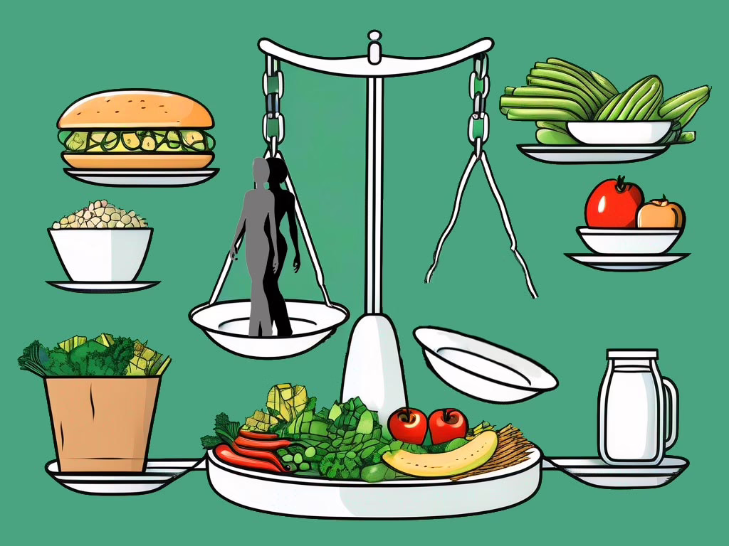 Illustration of food scale 2 different sized females on 1 scale dish and the other dish falling off the scale with different foods all around for post about: What is the Most Common Eating Disorder? An Informative Guide