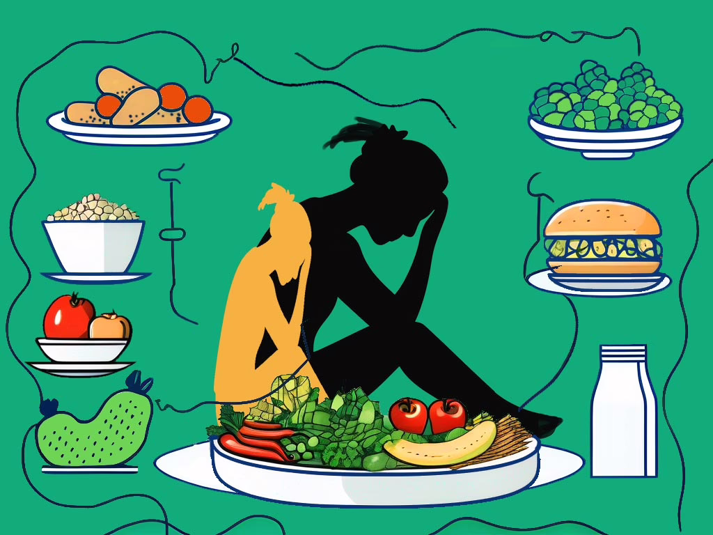 Illustration of two girls sitting with knees bent and hand on head in 2 different sizes with good spaced around for post about: What is the Most Common Eating Disorder? An Informative Guide