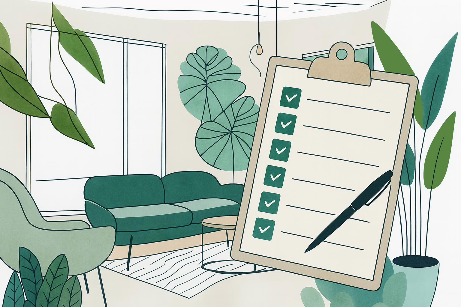 Illustration:Preparing for Residential Eating Disorder Treatment: A Checklist shows a room with a clipboard and pen on the right