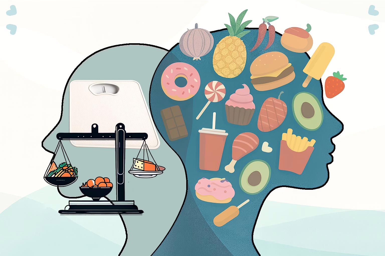 Illustration two head silhouettes overlapping. Right side full of sweets, fruits and vegetables. Other side has a weigt scale and a food scale for concept of post called Recognizing the Symptoms of Binge Eating Disorder: What to Look For