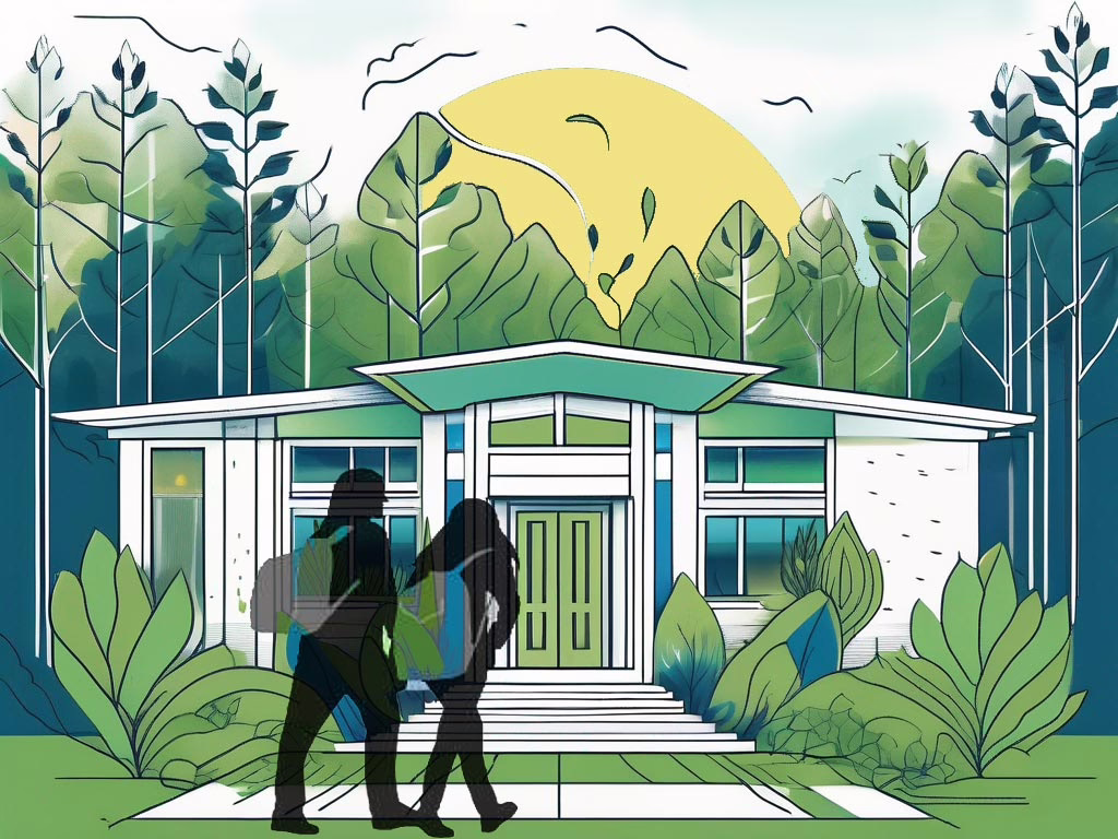Illustration concept: Benefits of a Residential Teen Eating Disorder Program for Recovery- 2 teenagers walking towards clinic in wooded setting
