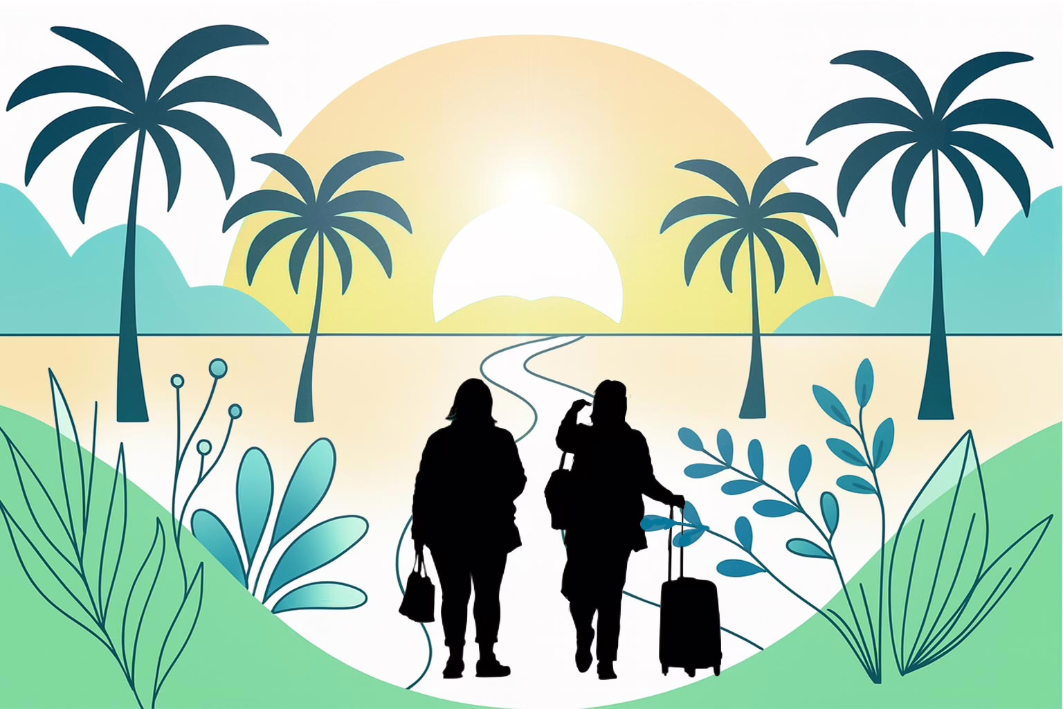 Illustration concept: Benefits of a Residential Teen Eating Disorder Program for Recovery- 2 teenagers walking on pathway towards sun rising above the horizon
