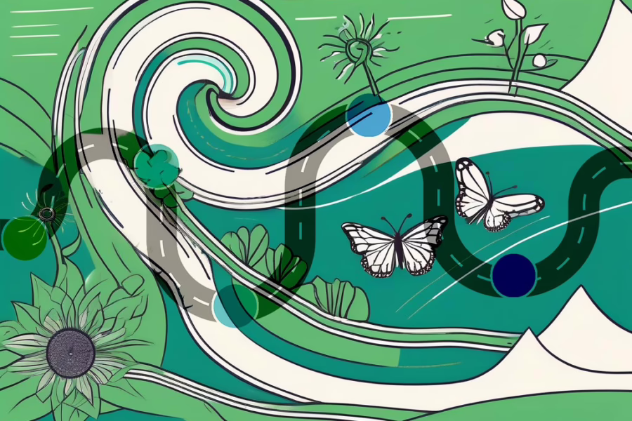 Illustration for a post: The Timeline of Eating Disorder Recovery: What to Expect showing A winding road with various symbolic milestones. In the background is a stylized curling wave with outlined butterflies