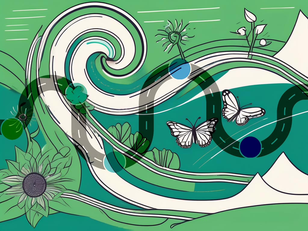 Illustration for a post: The Timeline of Eating Disorder Recovery: What to Expect showing A winding road with various symbolic milestones. In the background is a stylized curling wave with outlined butterflies