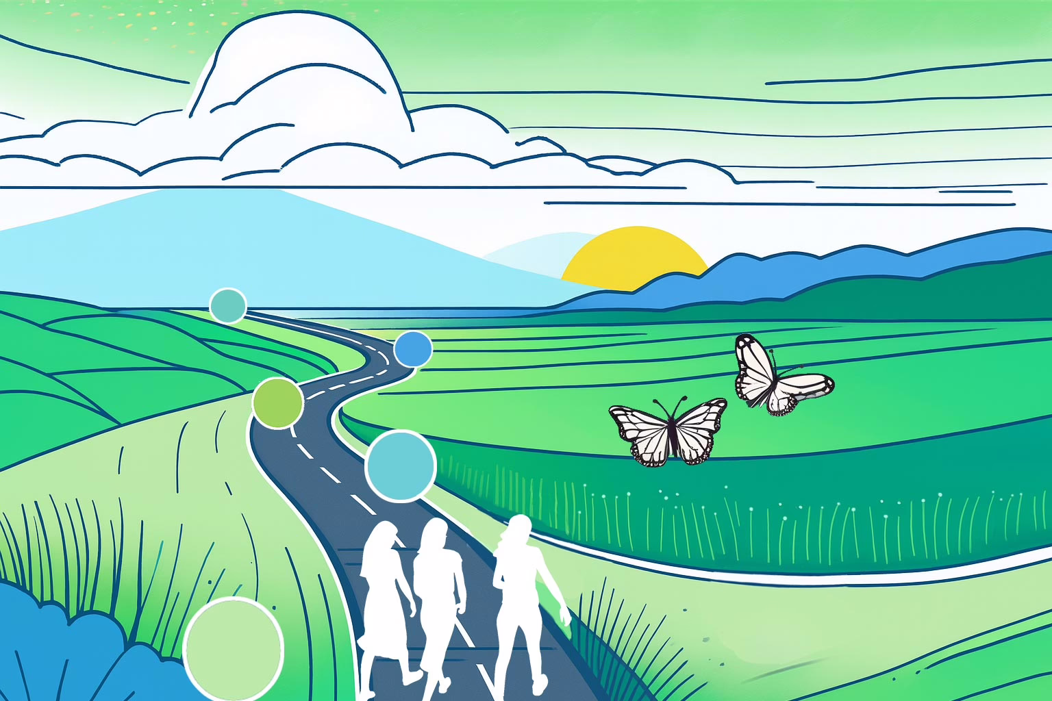 Illustration for a post: The Timeline of Eating Disorder Recovery: What to Expect showing A winding road thatb leads to the far horizon with various symbolic circles as milestones. Three females in white silhouettes are starting down the road with grren fields on either side.