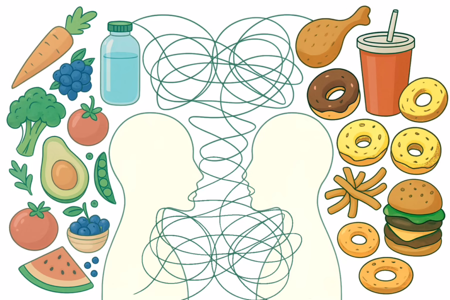 Illustration of two heads facing each other with food on either side and lots of swirling lines concept-Understanding BED: Essential Information on Eating Disorder Treatment