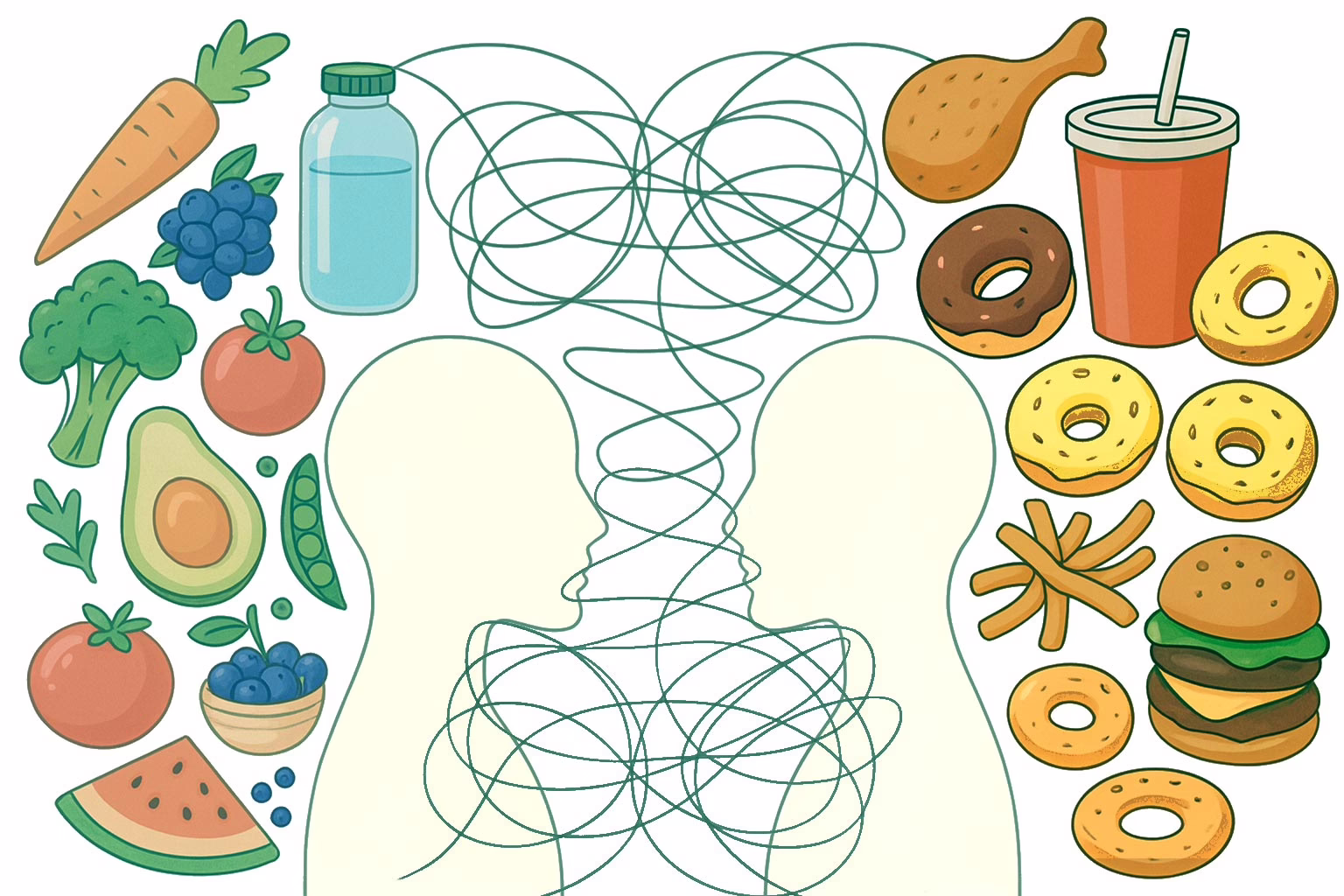 Illustration of two heads facing each other with food on either side and lots of swirling lines concept-Understanding BED: Essential Information on Eating Disorder Treatment