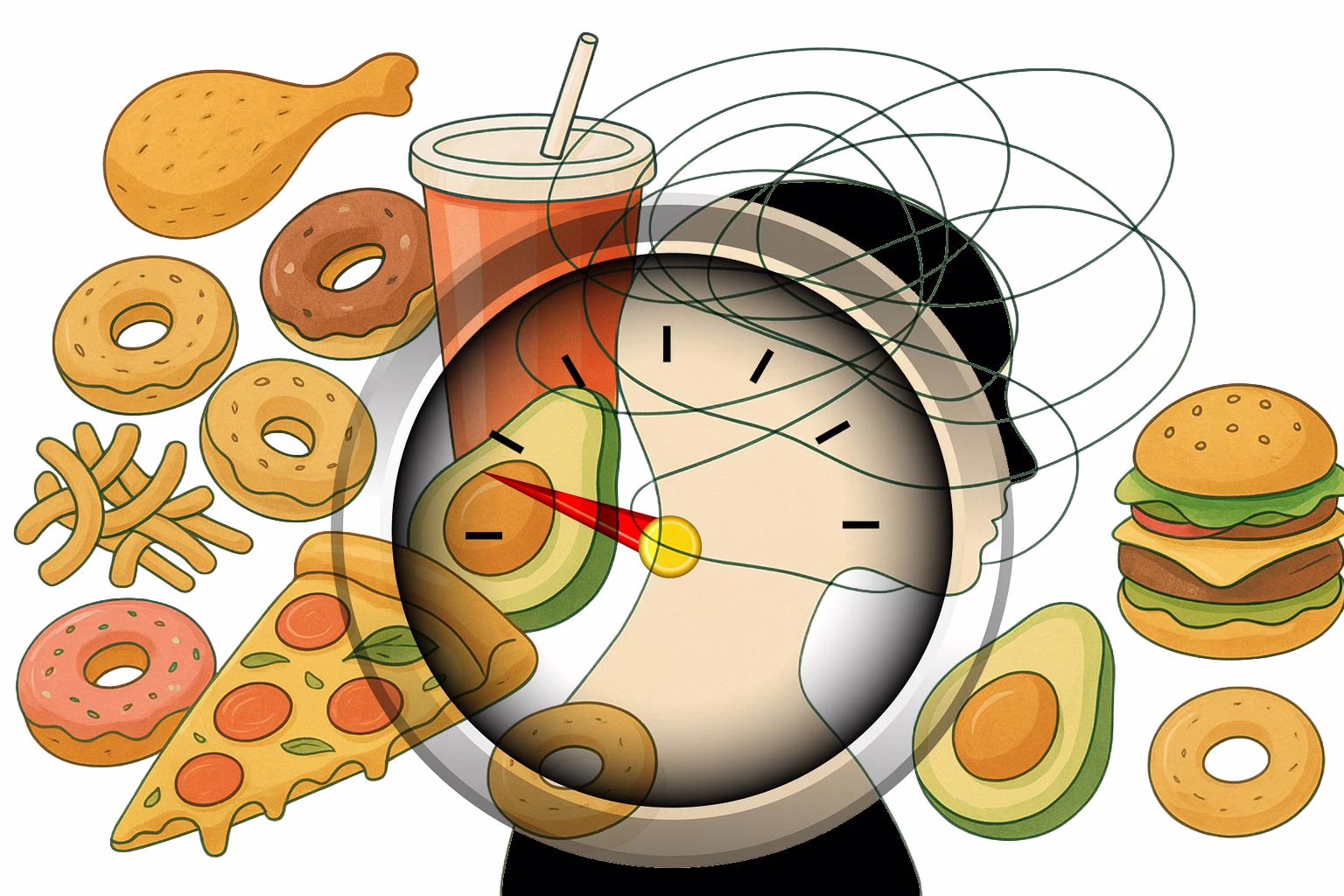 Illustration of a head wth food on either side and lots of swirling lines with a translucent weight scale on top showing concept-Understanding BED: Essential Information on Eating