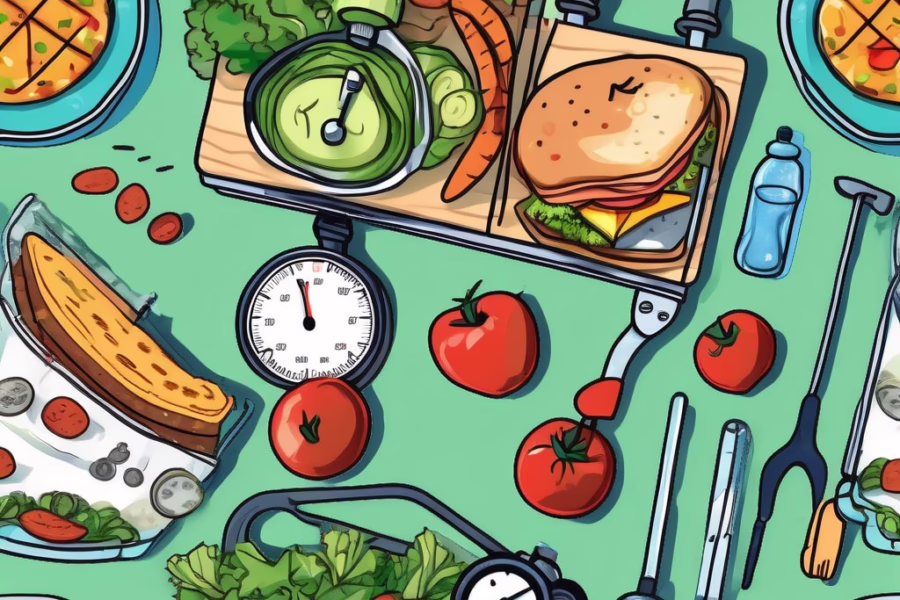 Illustration for post: Understanding Binge Eating Disorder Treatment: A Comprehensive Guide showing lots of food on a tray and around food on the counter with food scales, utensils and other items.
