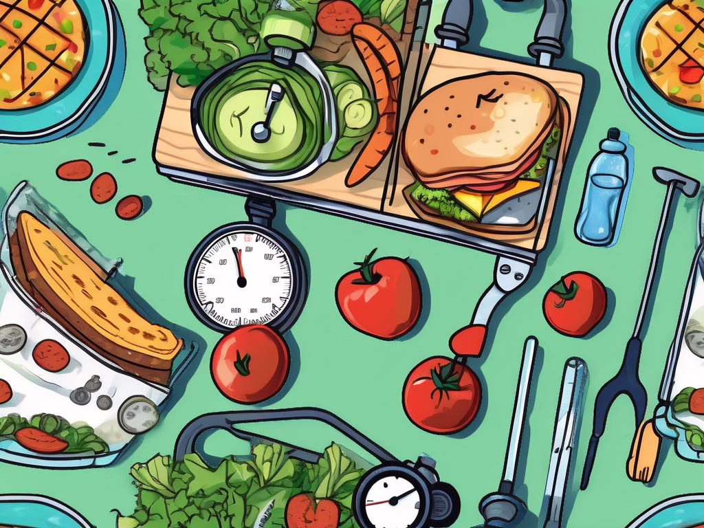 Illustration for post: Understanding Binge Eating Disorder Treatment: A Comprehensive Guide showing lots of food on a tray and around food on the counter with food scales, utensils and other items.