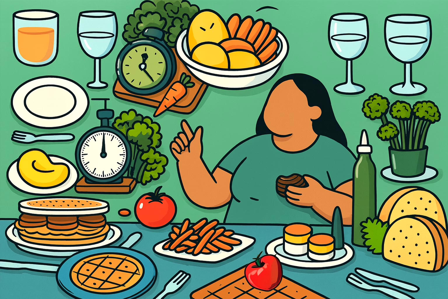 Illustration for post: Understanding Binge Eating Disorder Treatment: A Comprehensive Guide showing lots of food on a table surrounding a heavy set female pointing to the food and eating sweets. Food scales, utensils and glasses are scattered arond her head