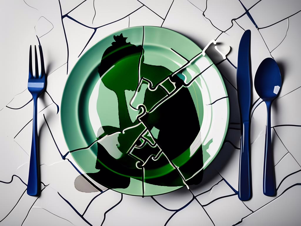 Understanding the Importance of Adolescent Eating Disorder Treatment concept - Illustration of broken plate with silhouette of female with hand on head sitting on the ground.