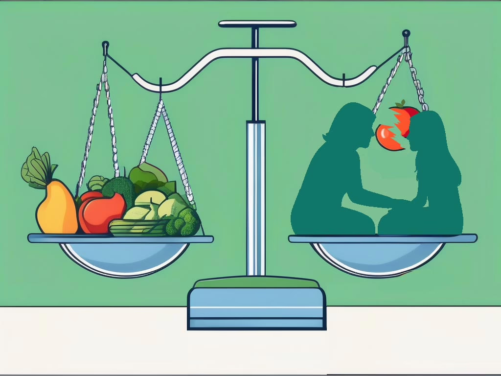 Illustration for post about What to Expect from Eating Disorder Inpatient Treatment shows a balanced food scale. Left side has healthy vegetables and fruit. Right side has a split apple with silhouettes of a therapist holding hand of female patient.
