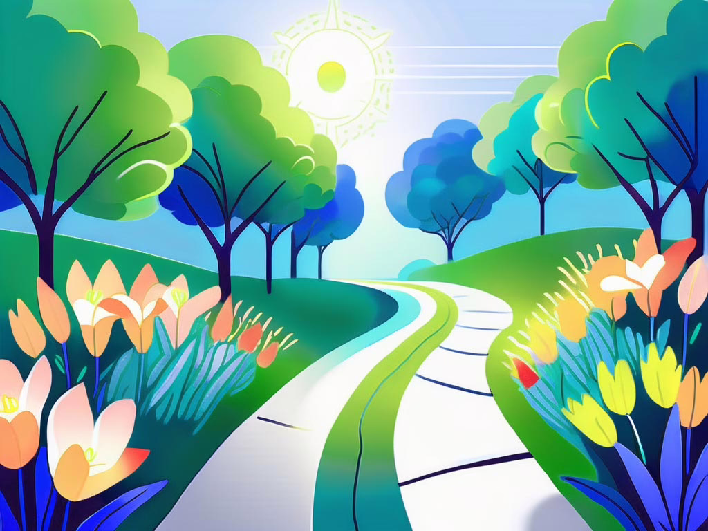 Alachua Florida - illustrationof twp tracks winding through a stylized landscape bordered with trees and tulips