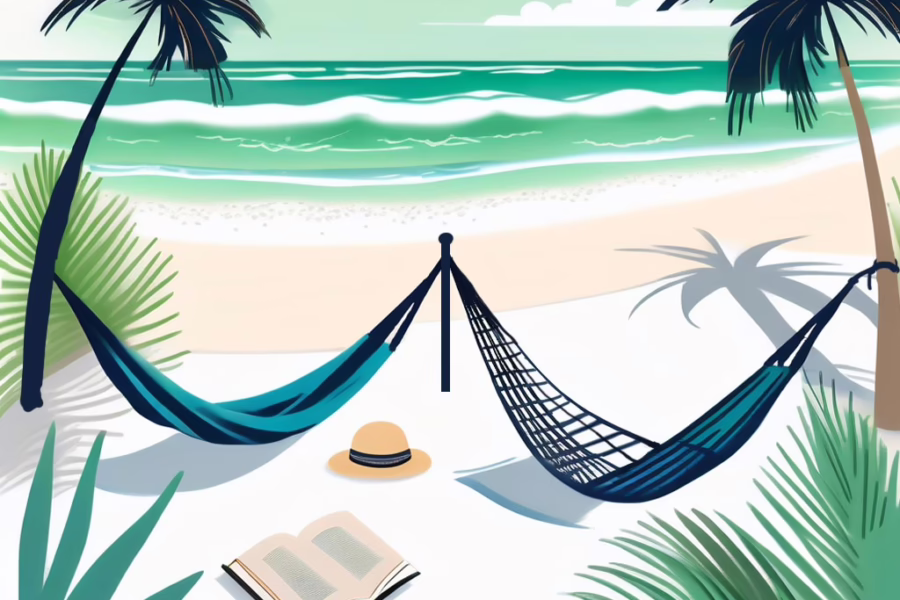 Anna Maria Florida - illustration of tropical beach with two hammocks, sun hat and opened book