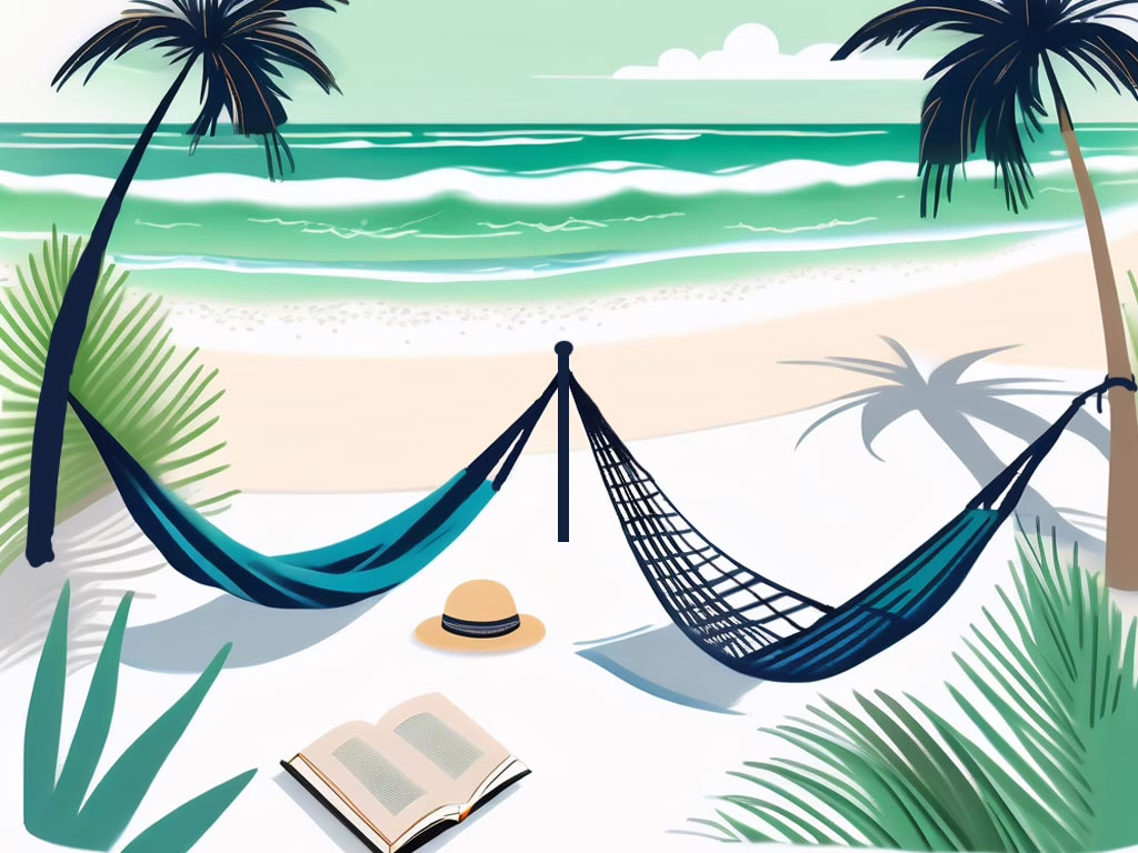 Anna Maria Florida - illustration of tropical beach with two hammocks, sun hat and opened book