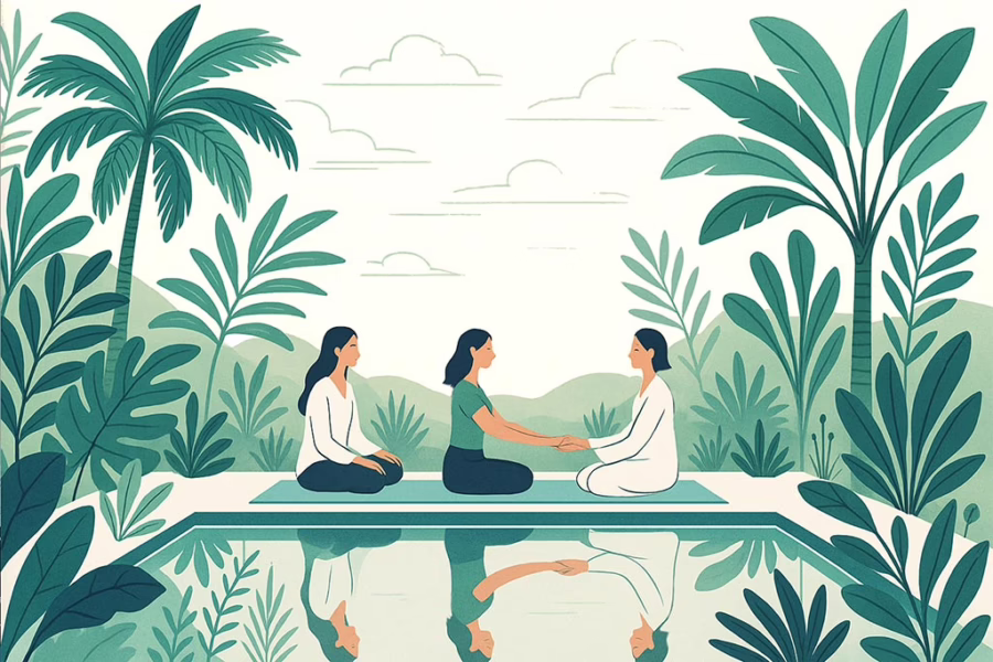 Apopka Florida - illustration 3 women in meditation by a reflection pool with tropical foliage all around