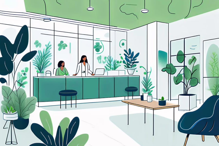 Auburndale Florida - illustration of the teal and green reception room for a clinic with two people behind a counter