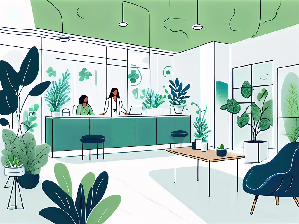 Auburndale Florida - illustration of the teal and green reception room for a clinic with two people behind a counter