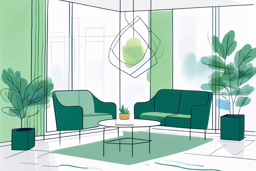 Avon Park Florida - Illustration of interior waiting room with 2 green sofas, low table plants and large windows