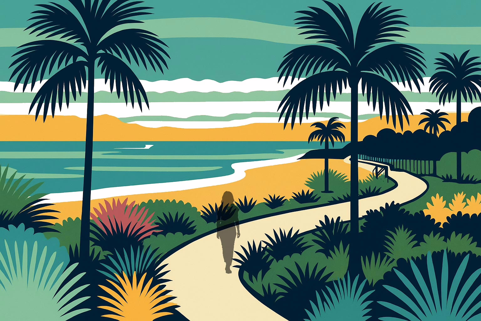 Boca Rotan Florida - Illustration of a tropical walkway next to the beach and ocean with a female silhouette walking away