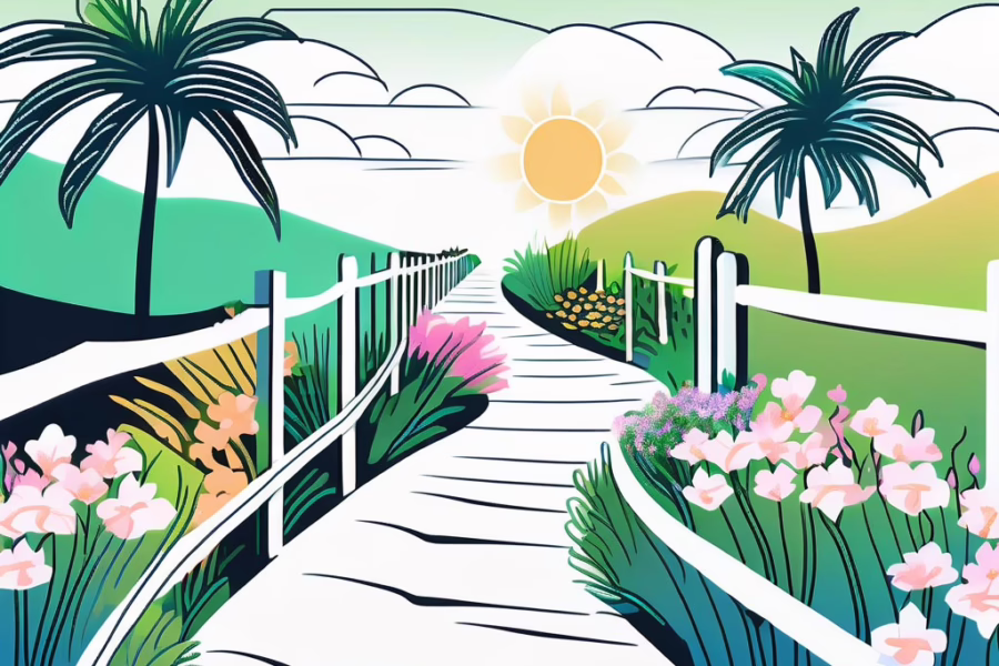 Boynton Beach Florida - Illustration walkway with fence on either side leading towards horizon and rising sun with flowers and palm trees