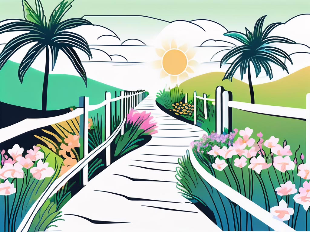 Boynton Beach Florida - Illustration walkway with fence on either side leading towards horizon and rising sun with flowers and palm trees
