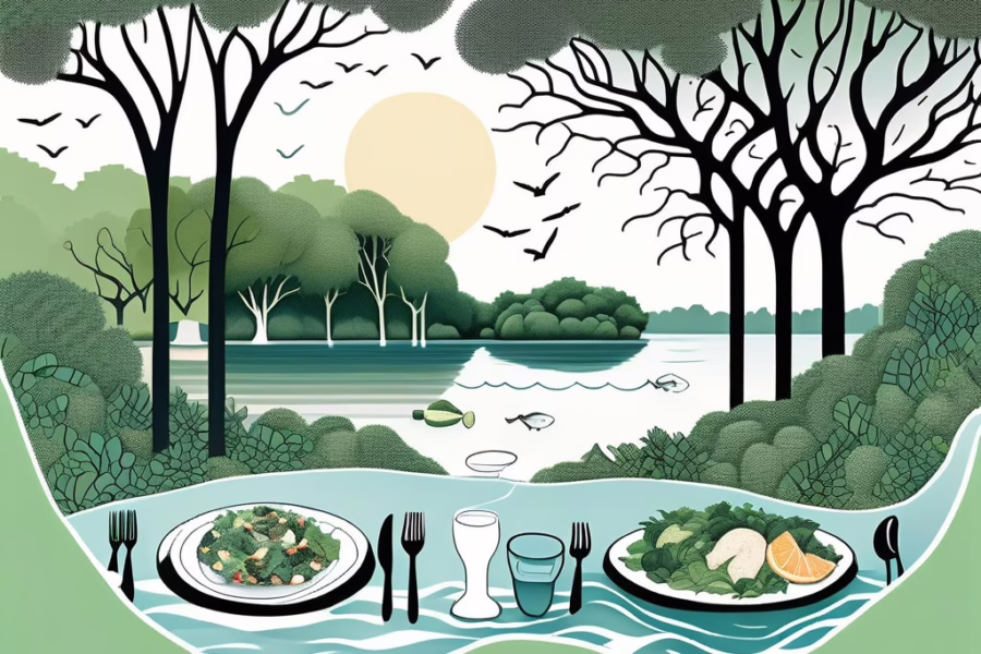 Bradenton Florida - illustration in forground to place settings with food on the plates looking out onto water with trees, birds, and a pale sun