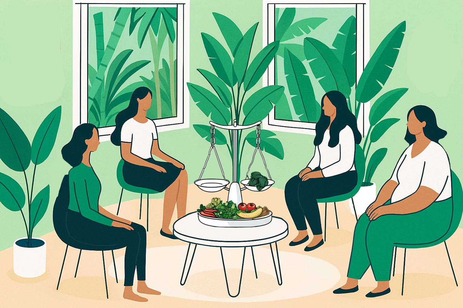 Brooksville Florida - Illustration of 4 women sitting in sunroom, tropical plants inside and outside. Centered in the middle is a table with a healthy fruits and vegetables and a scale