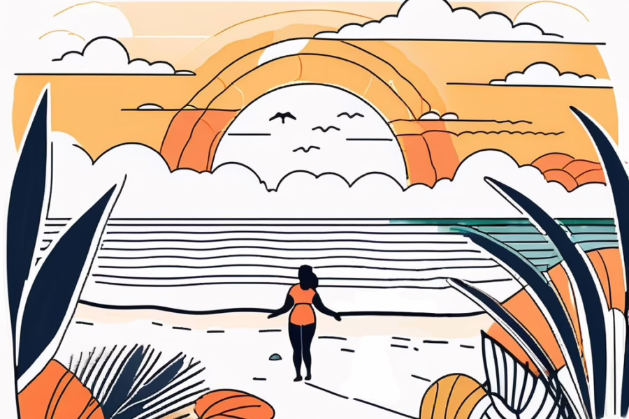 Cape Canaveral Florida - Illustration of beach with a female facing the orange and yellow sunrise, white clouds and birds.